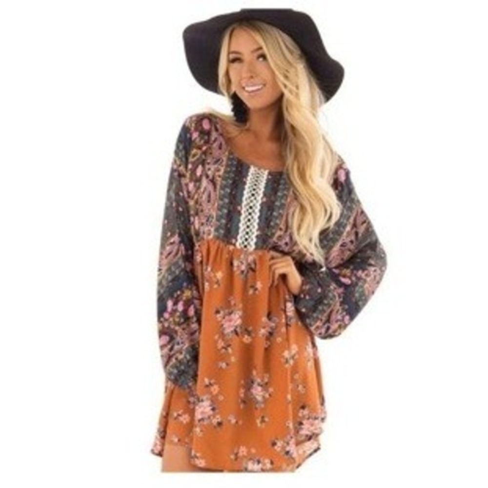 Umgee Tunic Dress Womens S Orange Mixed Floral Paisley Boho‎ Crochet Excellent